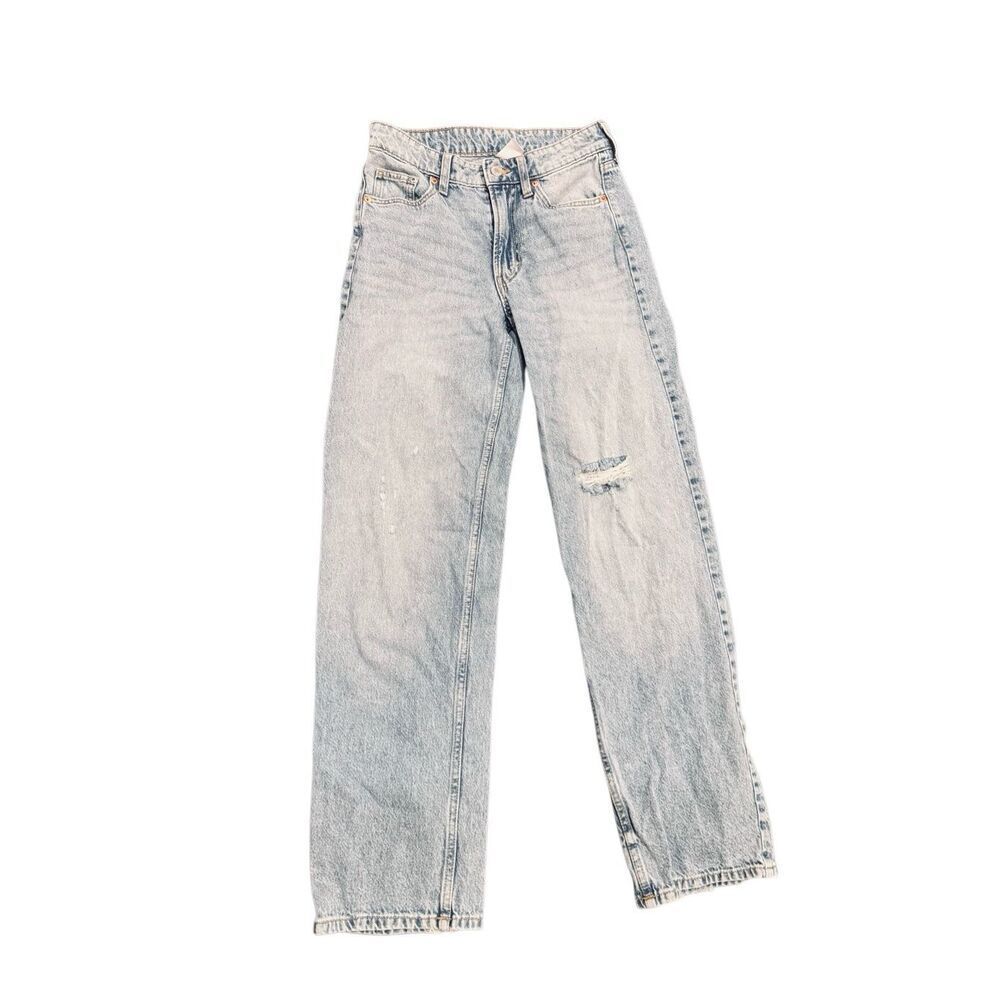 &Denim Baggy Low Waist Jeans Size 0 Light Wash Straight Leg Y2K Distressed